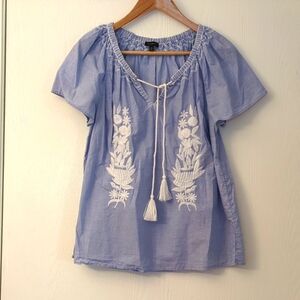 Talbots Blue Blouse with White Embroidery